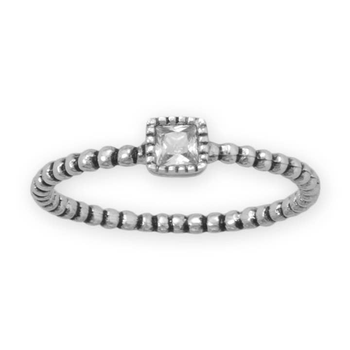 Rhodium Plated Oxidized Square CZ and Beaded Band Ring for wholesale by Silver Stars Collection