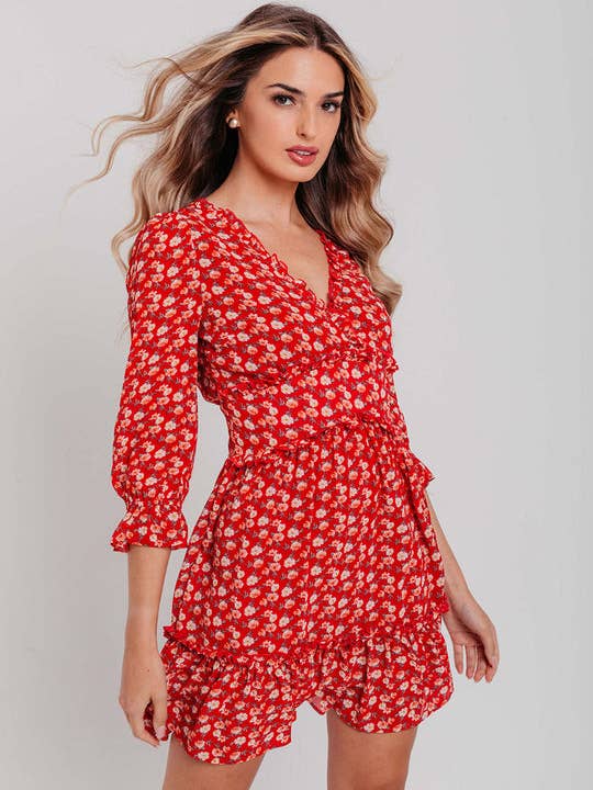 Rød Blomsterfyld Detaljer Wrap Skater Kjole for engroshandel hos Pretty Darling
