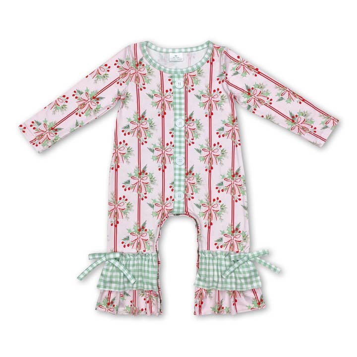 Pink bow berry ruffle baby girls Christmas romper for wholesale by Yawoo Garments