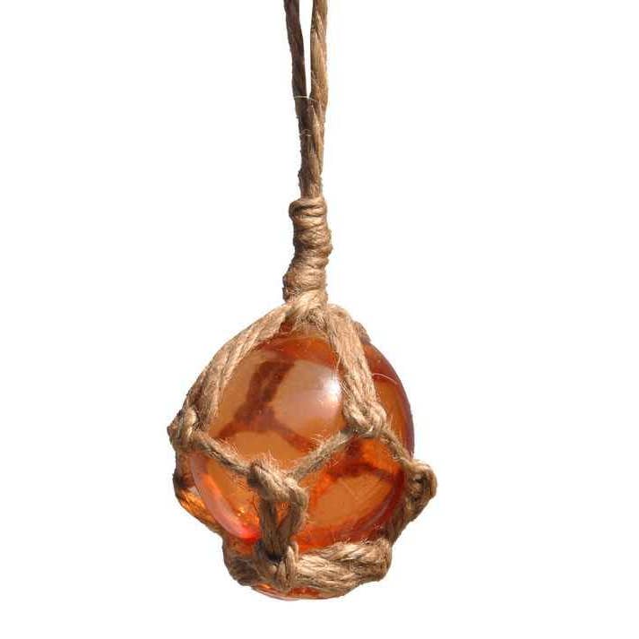 Hampton Nautical - Wholesale Decorative Tabletop Object - Orange Japanese Glass Ball Fishing Float With Brown Netting
