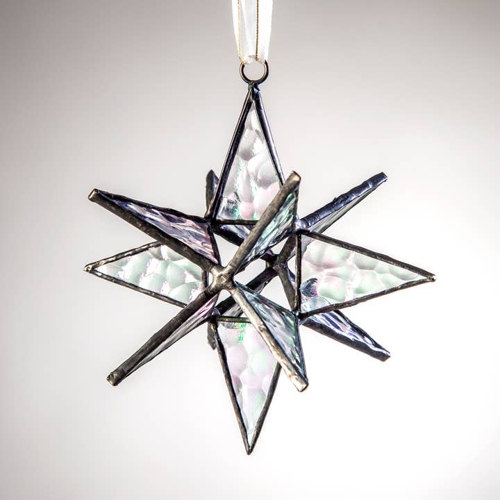 J Devlin Glass Art & Bert Anderson Collection - Wholesale Ornament - Moravian Star Ornament Clear Iridized Stained Glass Orn 252