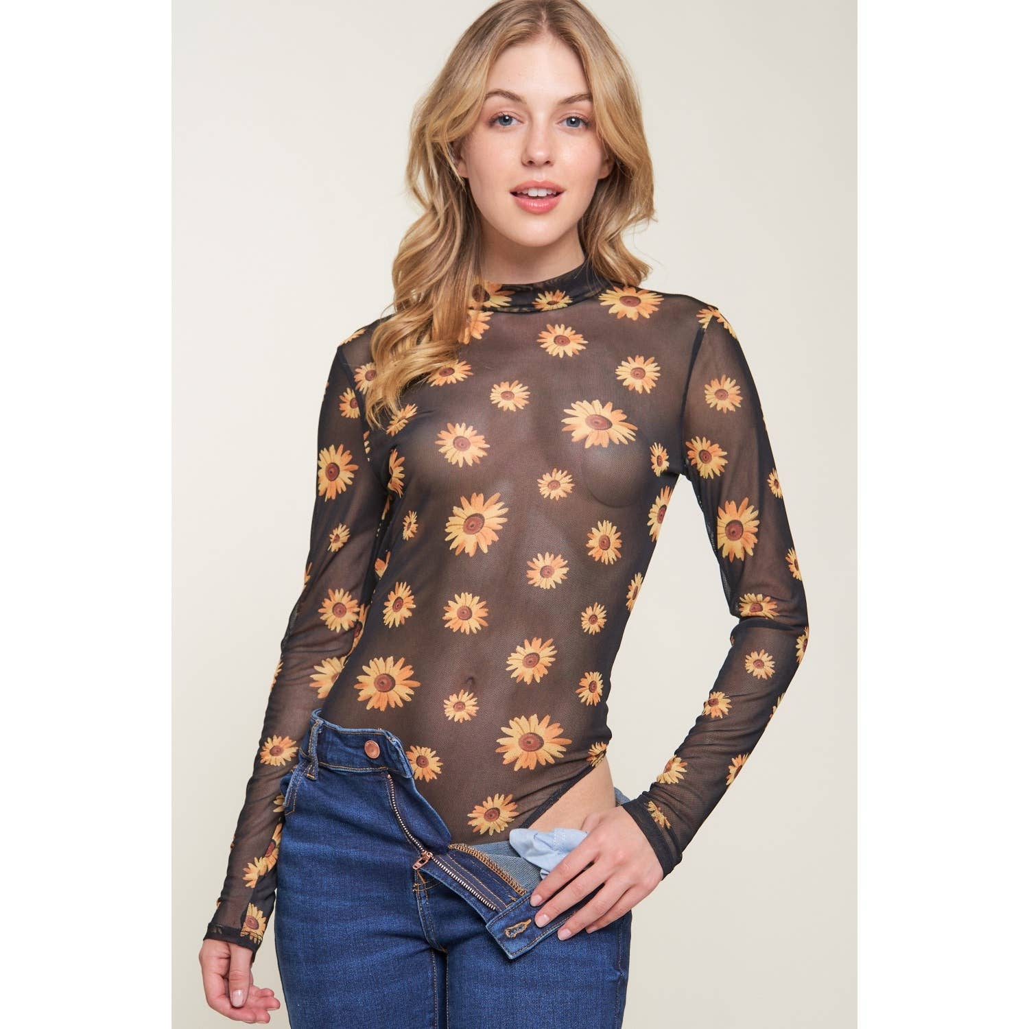 Popular 21 - Vente Body – femme - Body décontracté imprimé à manches longues et col montant en maille0