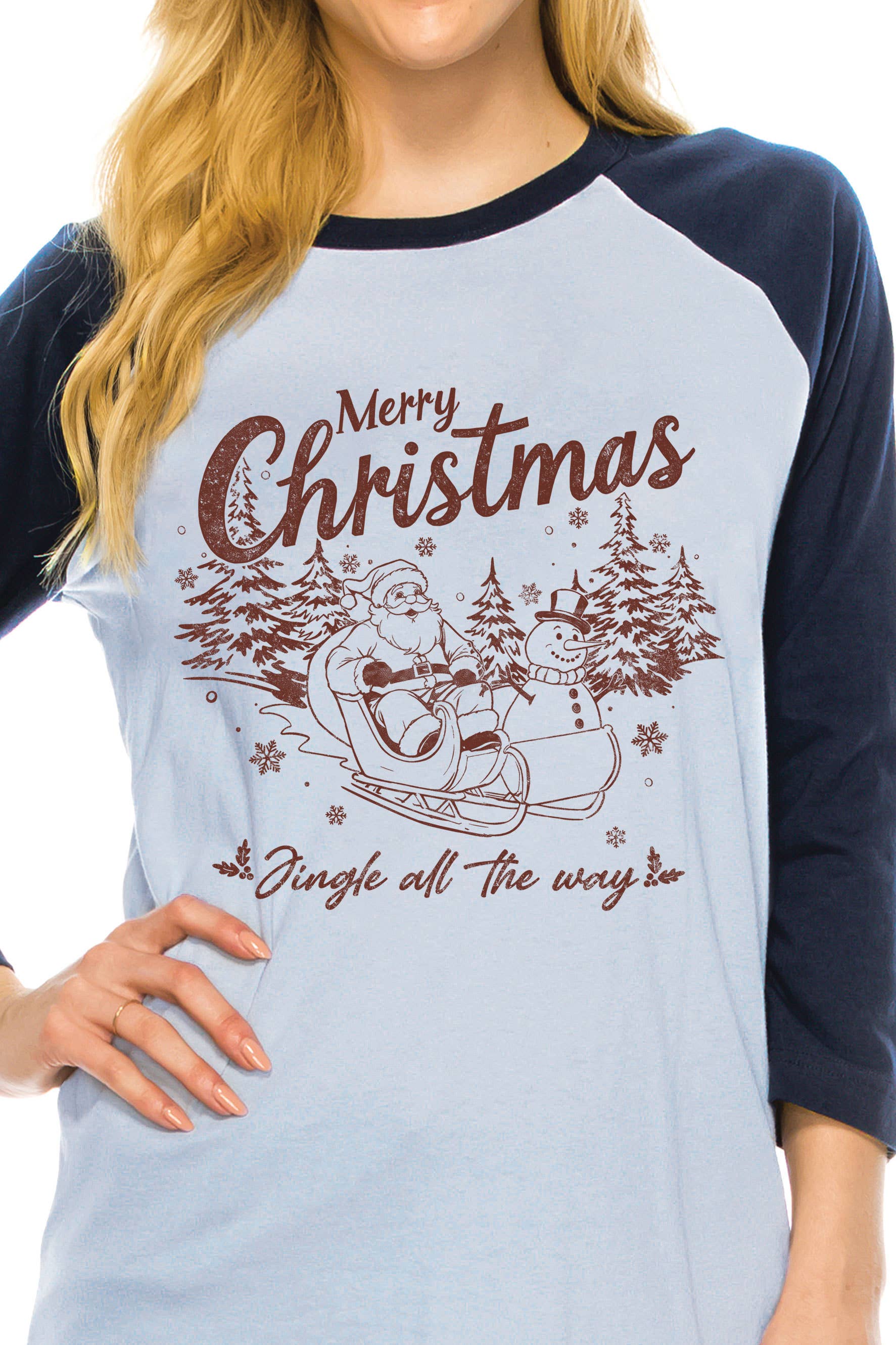 Rustee Clothing - Vendita all'ingrosso Maglietta serigrafata - Donna - CAMICIE RAGLAN CON GRAFICA MERRY CHRISTMAS SANTA2