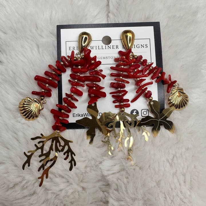 Red Coral Earrings with Gold Filigree Details | Erika Williner Designs for wholesale by Erika Williner Designs