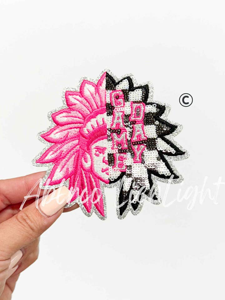 Preppy Pink Checkered Chief Game Day Mascot ©️ Sequin Patch for wholesale by ABLNco