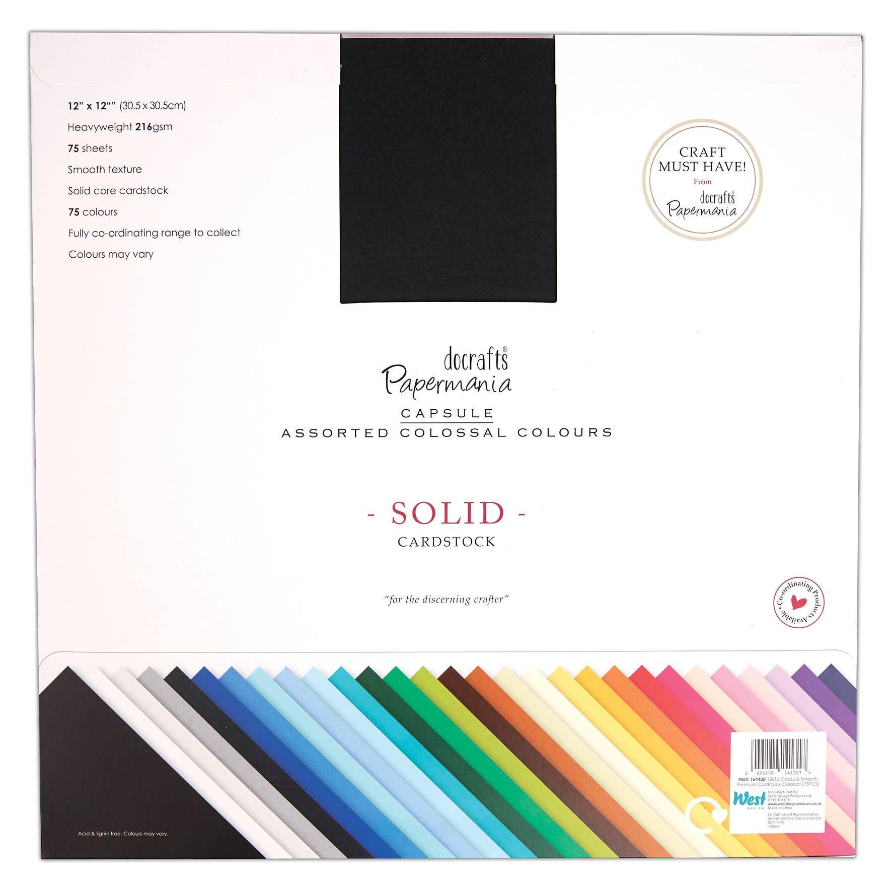 West Design Products – wholesale Cardstock – Papermania, Premium Coloured Cardstock, 12 x 12", 75 Sheets1