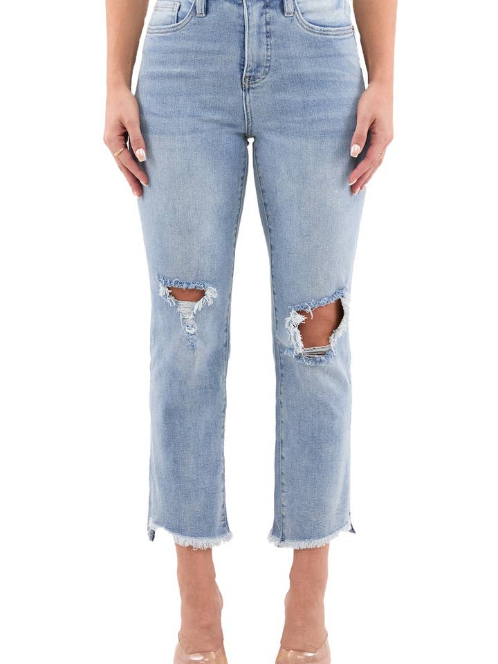 Jean court à taille haute, coupe slim droite avec ourlet effiloché Dylan pour la vente par RFM