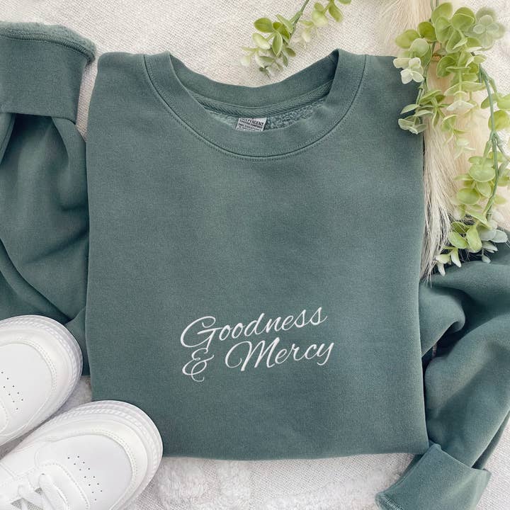 Goodness & Mercy Embroidered Christian Sweatshirt PRM3500 for wholesale by Scripted Pearl