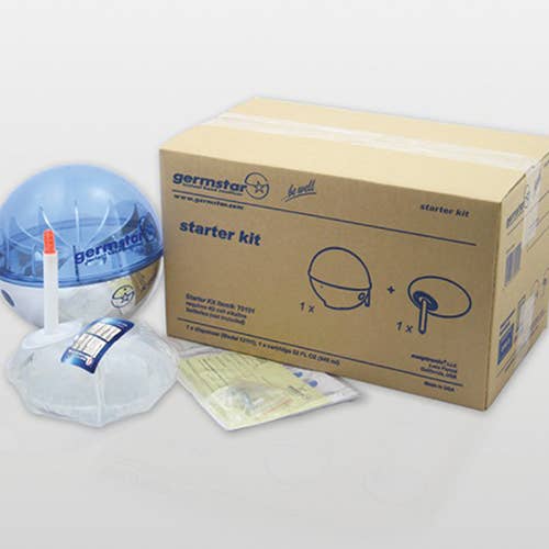 32oz Startpaket Krom/Blå med 32oz Original Påfyllning för wholesale av Germstar