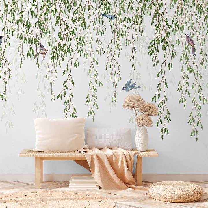 Papier Peint Pépinière Feuilles Suspendues : Fresque Murale Vigne Lierre Florale pour la vente par SimurgWallArts