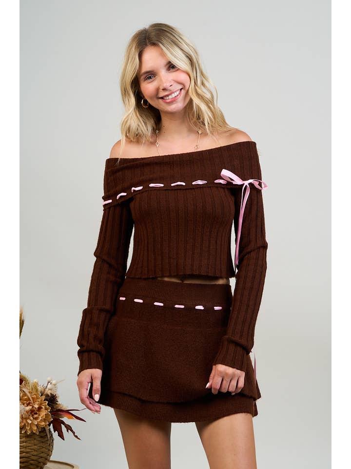 Brown OFF SHOULDER RIBBON CONTRAST SET for wholesale on Faire