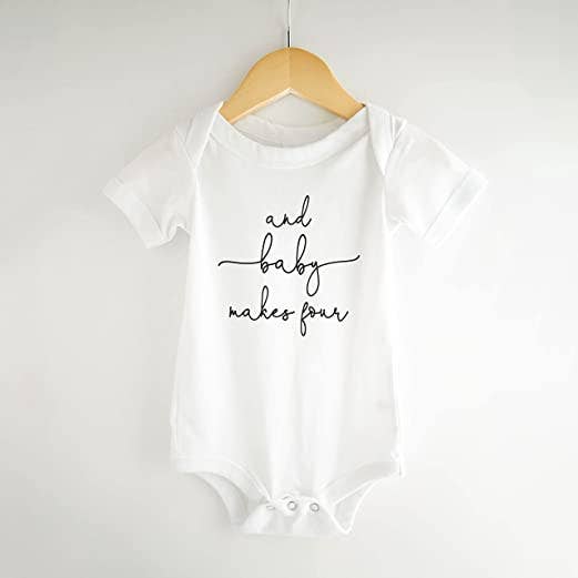And Baby Makes Four Pregnancy Announcement Onesie for wholesale by Bump & Beyond Designs