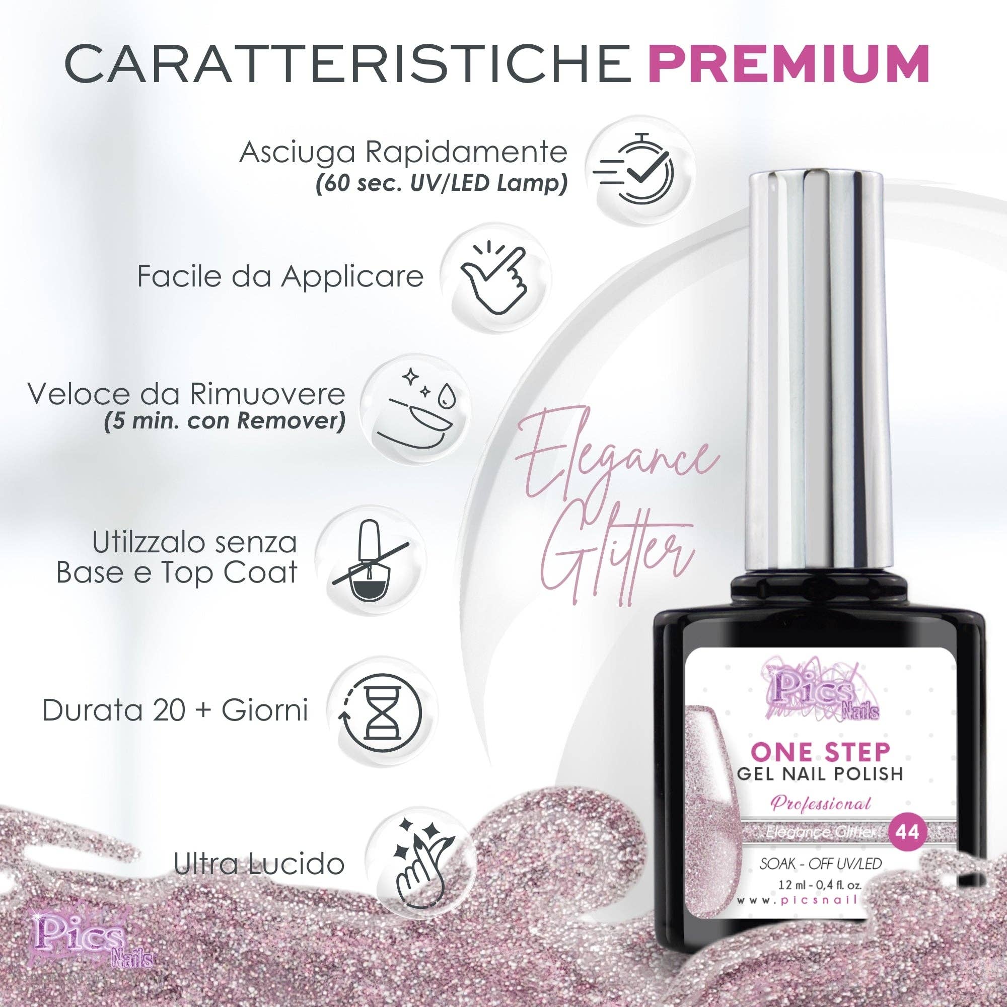 Pics Nails - Wholesale Nail Polish - One Elegance Glitter 44 Semipermanent Nail Polish - 12 ml | Semipermanent 3in1 UV/LED Ultra Glossy2