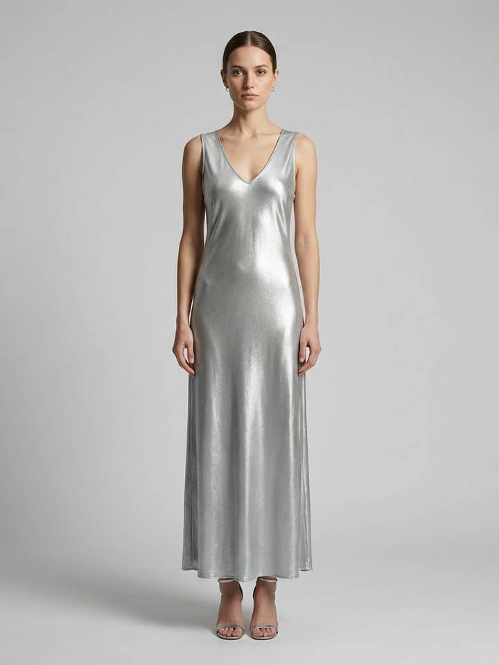 Vestido longo de alcinha em cetim com decote em V, 100% viscose por atacado de L'Emotion