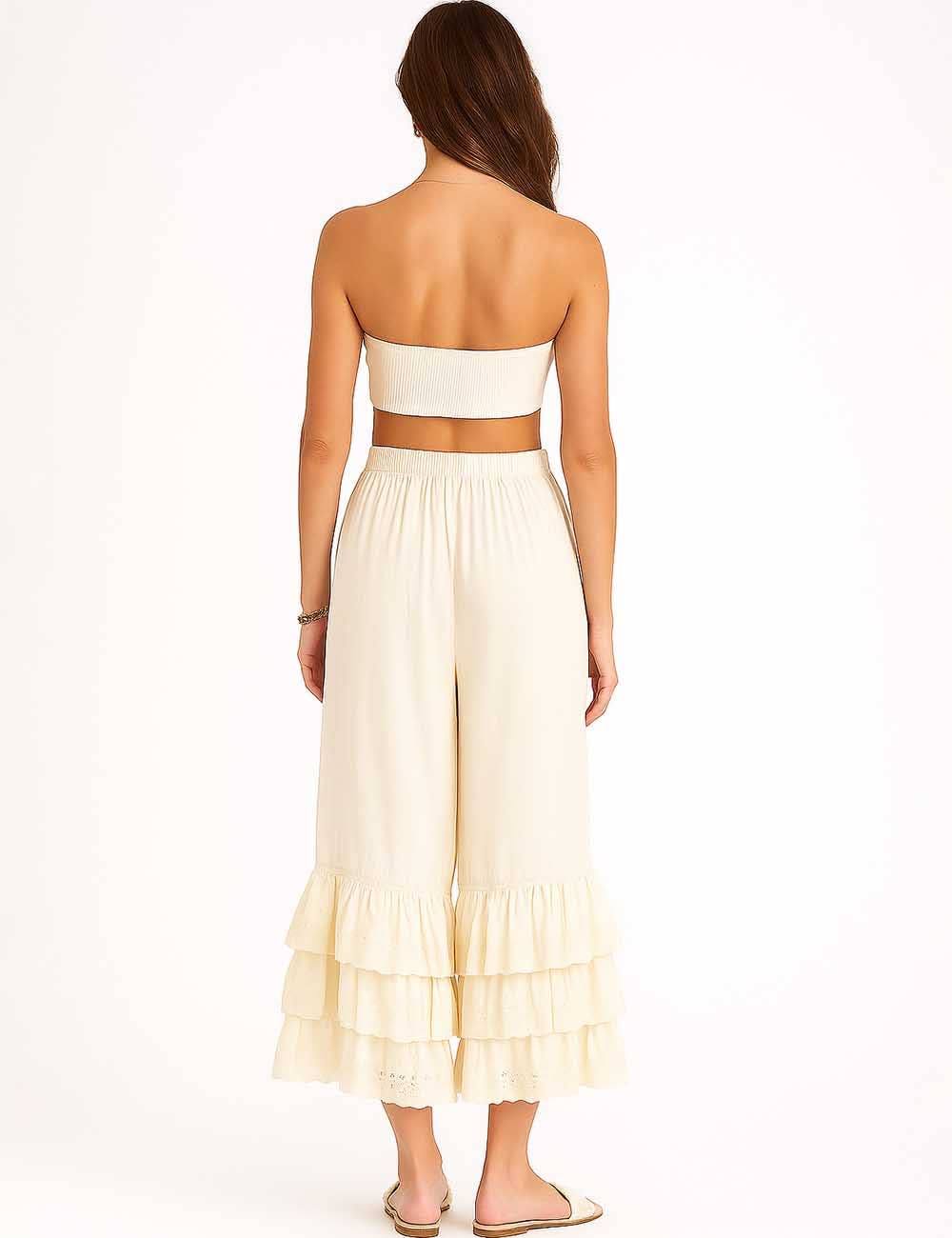 Sweetkama - Wholesale Pants - Women's - Ladies Solid Color Elastic Waist Pull -On Tiered Ruffle Pants12