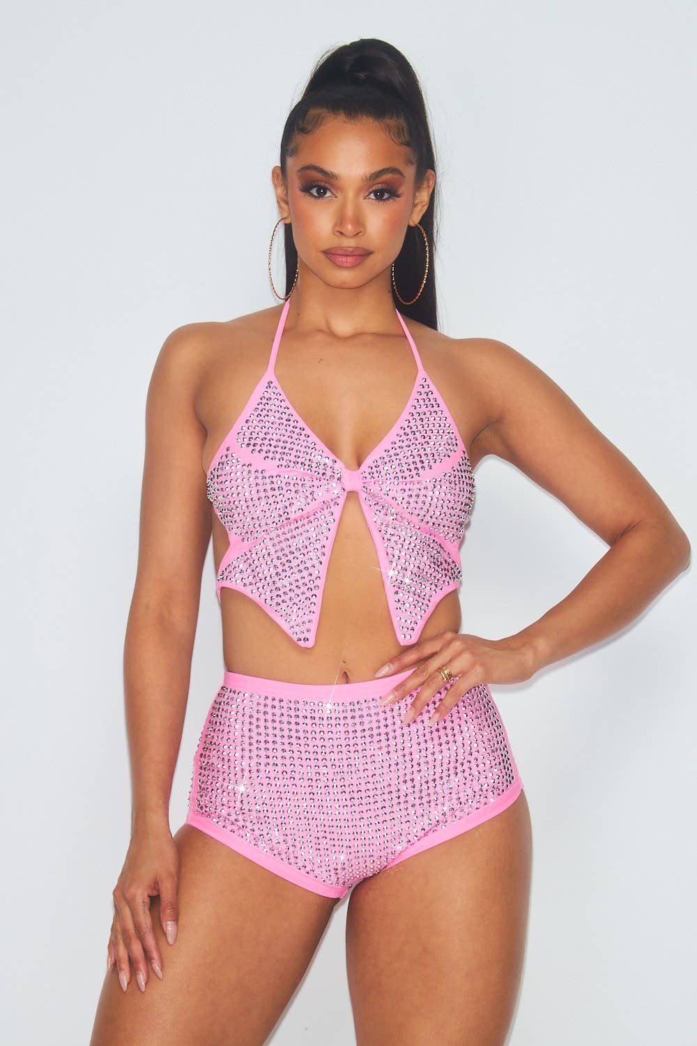 PINK Butterfly Rhinestone Crop Top And Shorts Swim Set (HGC7893) for wholesale on Faire