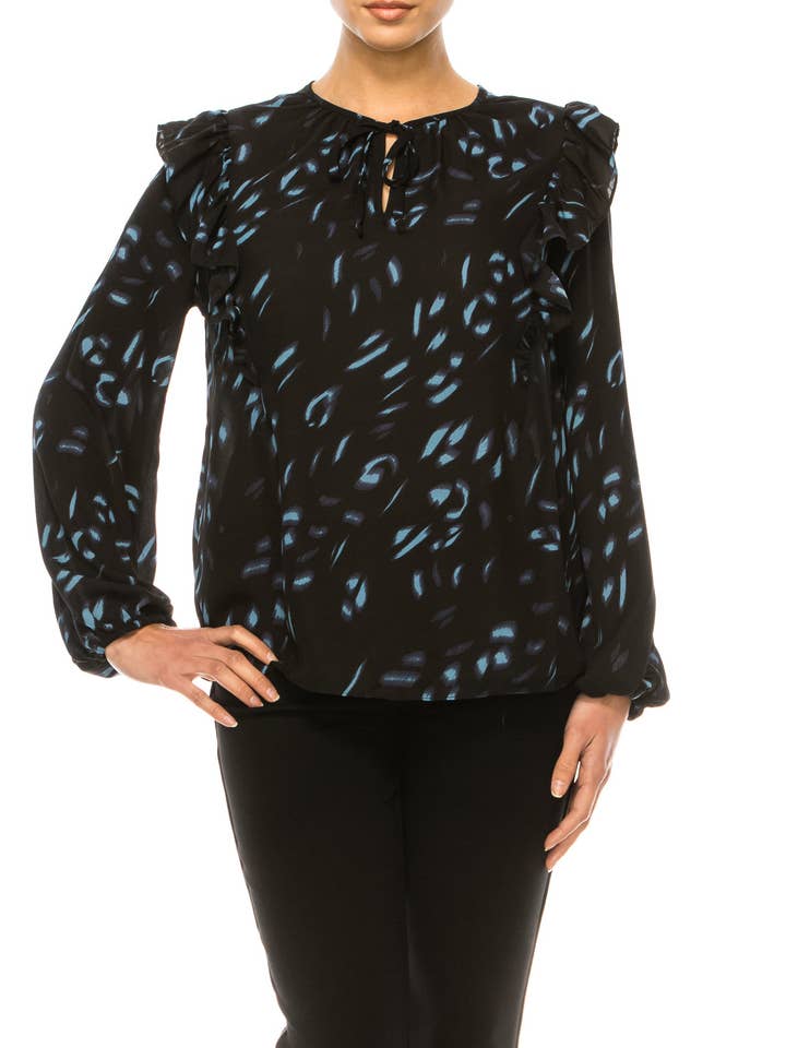Hope & Harlow Ruffled Long Sleeve Printed Top for wholesale by New Yorker's Apparel