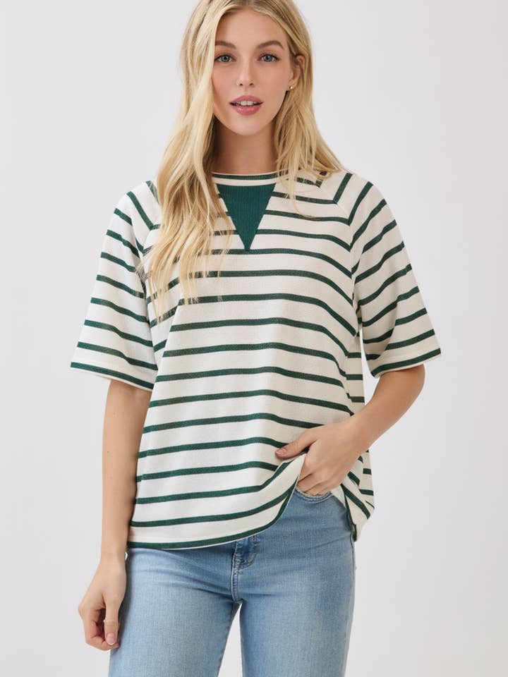 TA2441 Striped Boxy-Fit Tee with Contrast Inset Neckline for wholesale by BOMBOM