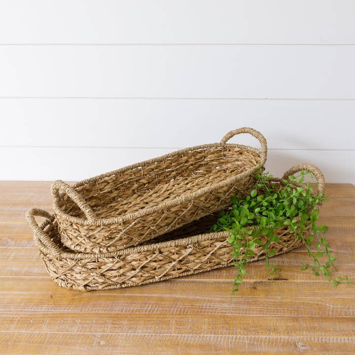Audrey's Home & Gift - Wholesale Decorative Tray - Oval Woven Seagrass Trays With Handles (Set Of 02)