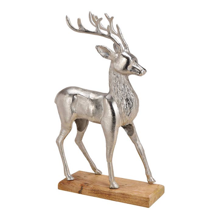 Deer made of metal on mango wood base silver (W/H/D) 36x61x16cm for wholesale by Wurm