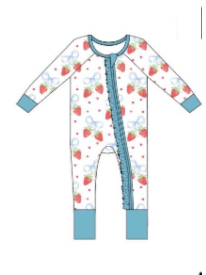 Sweet Bay Clothing - Wholesale Jumpsuit - Baby - Strawberries and Bows Ruffled Zipper Onesie