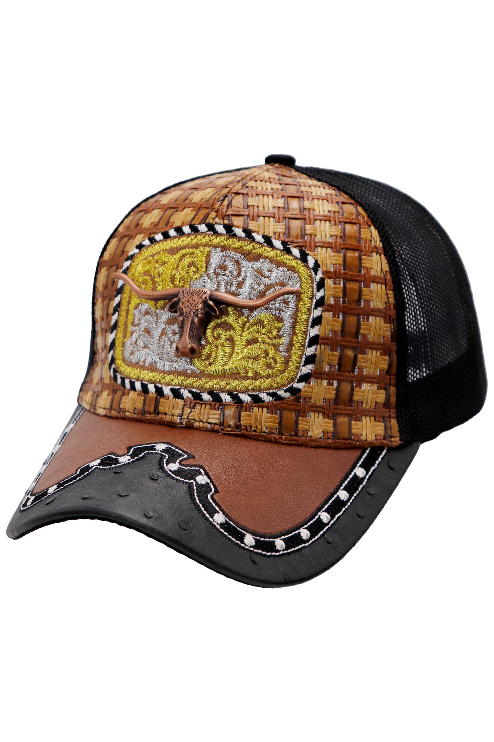 Cap Zone – Engroshandel Trucker hat - Unisex – Bronzed Emblem Vegansk Læder Strå Mesh Charro Kasket10