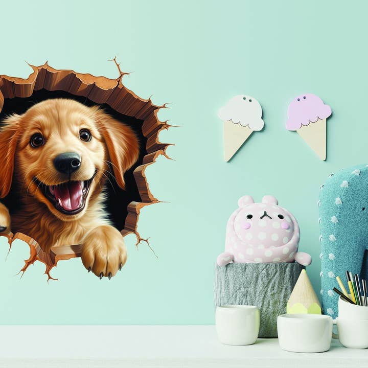 3D hundekunst vægklistermærke - revnet illusion i vinyl for engroshandel hos Decords