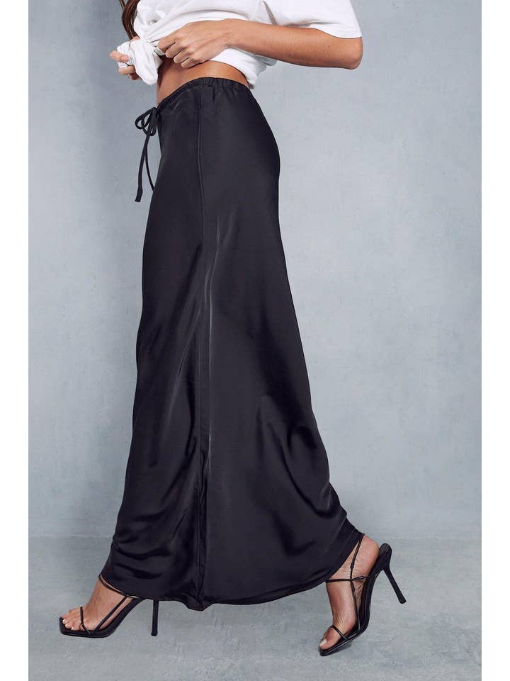 HIDDENBRAND - Wholesale Skirt - Women's - Satin High-Waisted Drawstring Tie Maxi Skirt11