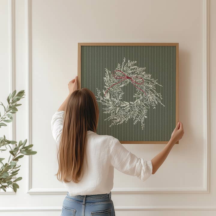 Minimal Christmas Holiday Winter Wreath & Red Bow Art Print for wholesale by Paperly Creative Co