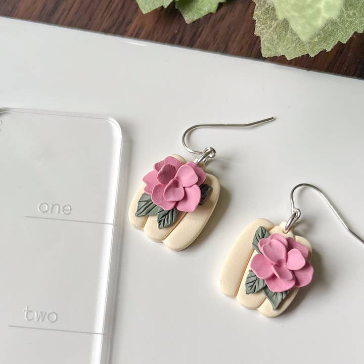 White Pumpkin earring with pink flower | sterling silver for wholesale by Retrochrome Creations