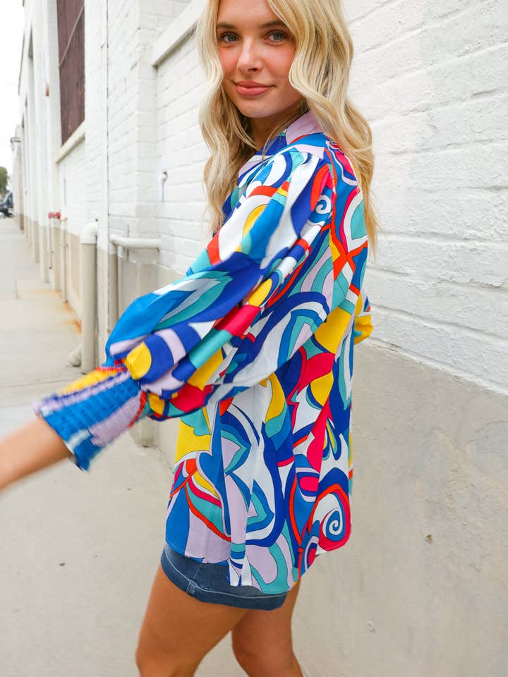 Promenade - Wholesale Button Down Shirt - Women's - Best in Bold Abstract Print Button-Down Smock Sleeve Top (Open Pack)