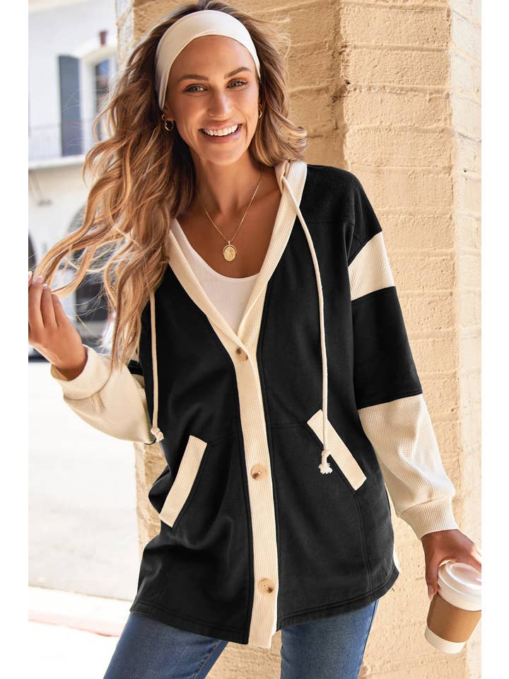 PRETTY BASH - Wholesale Hoodie - Women's - Waffle Knit Colorblock Patchwork Buttoned Hoodie7