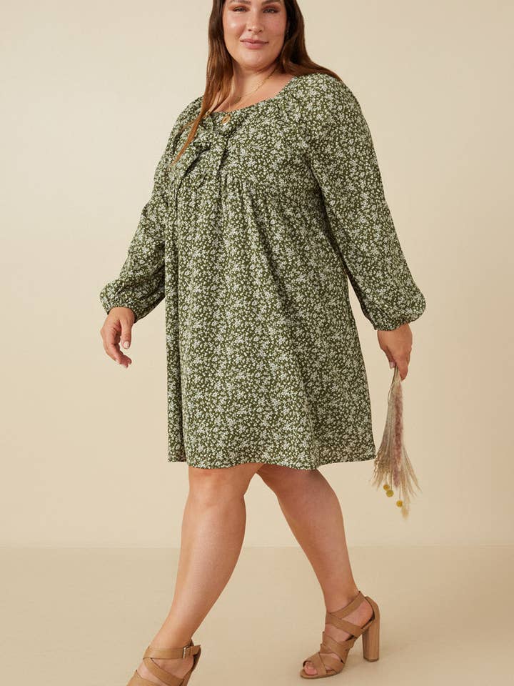 Oliven Kjole med småblomstret mønster, bindebånd foran og smockryg til kvinder for engroshandel på Faire9