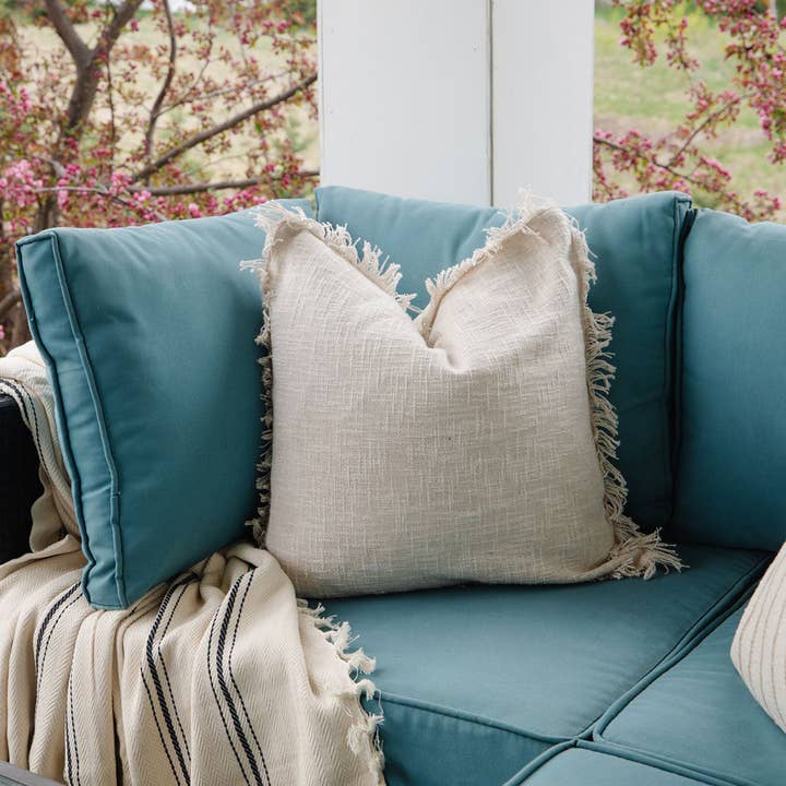 Cozy Prairie Linens Co. - Wholesale Throw Pillow Cover - Signature Woven Ivory Slub Fringed Pillow Cover