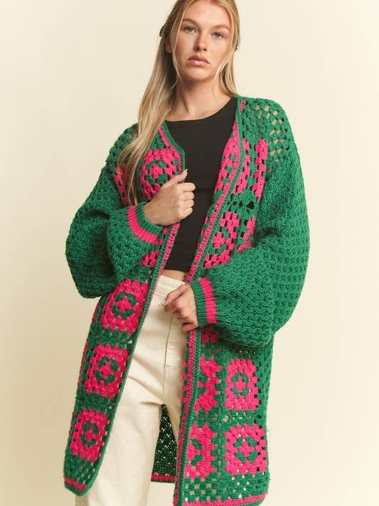 JADE BY JANE - Vente Cardigan – femme - Cardigan en maille ouverte bicolore en crochet carré à motif floral13