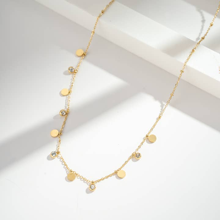 COSMOS - Wholesale Pendant/Charm Necklace - Golden Necklace with Round Charms and Clear Beads in Stainless Steel1