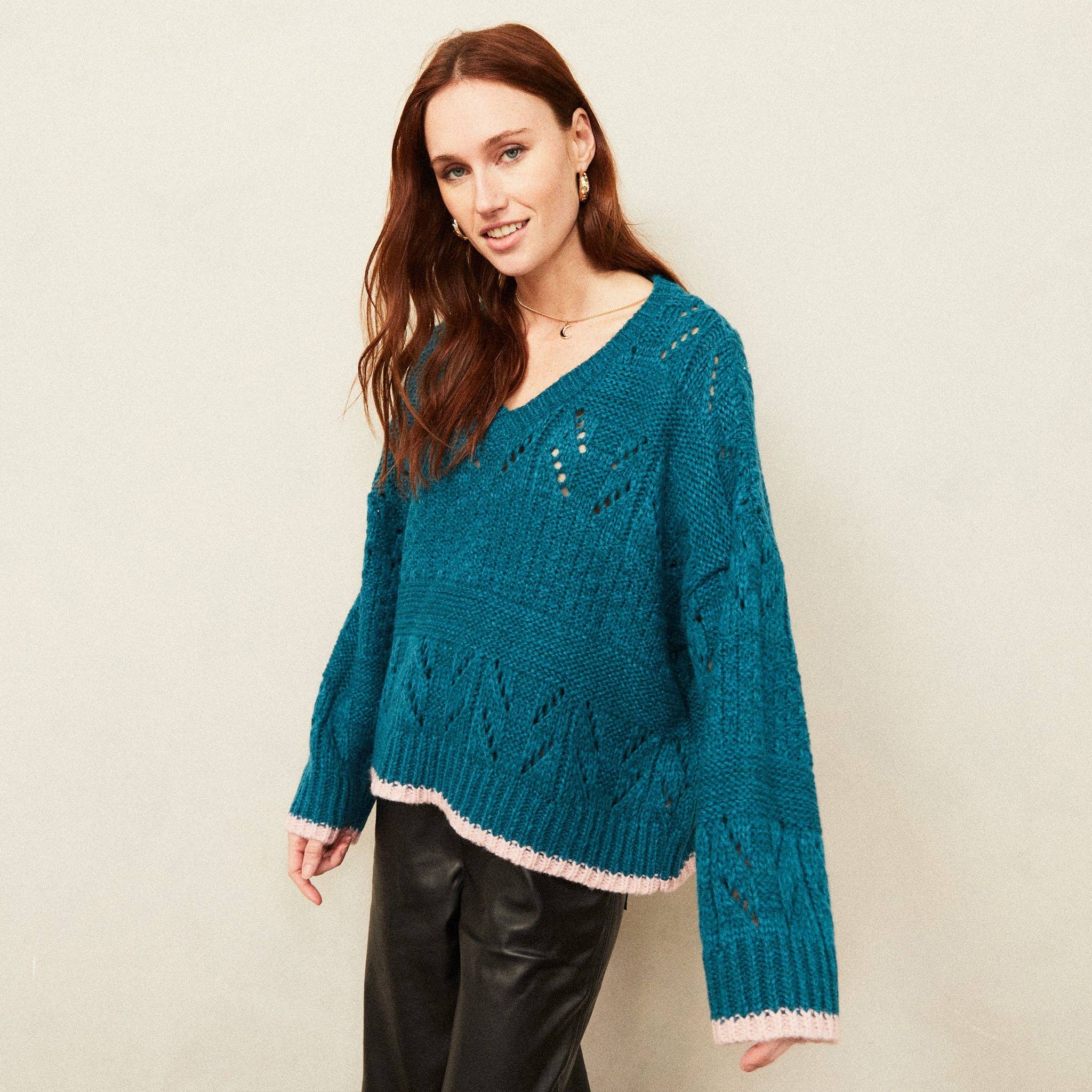 Cara & The Sky - Wholesale Knit Sweater - Women's - Zoe Pointelle V Neck Wide Sleeve Jumper - Teal4