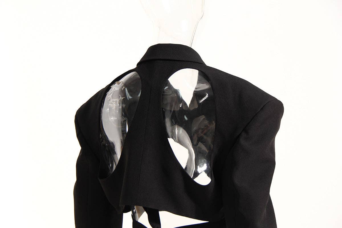 Svart M10 Texturerad Svart Kavaj med Öppen Rygg och Midjeband för wholesale på Faire7