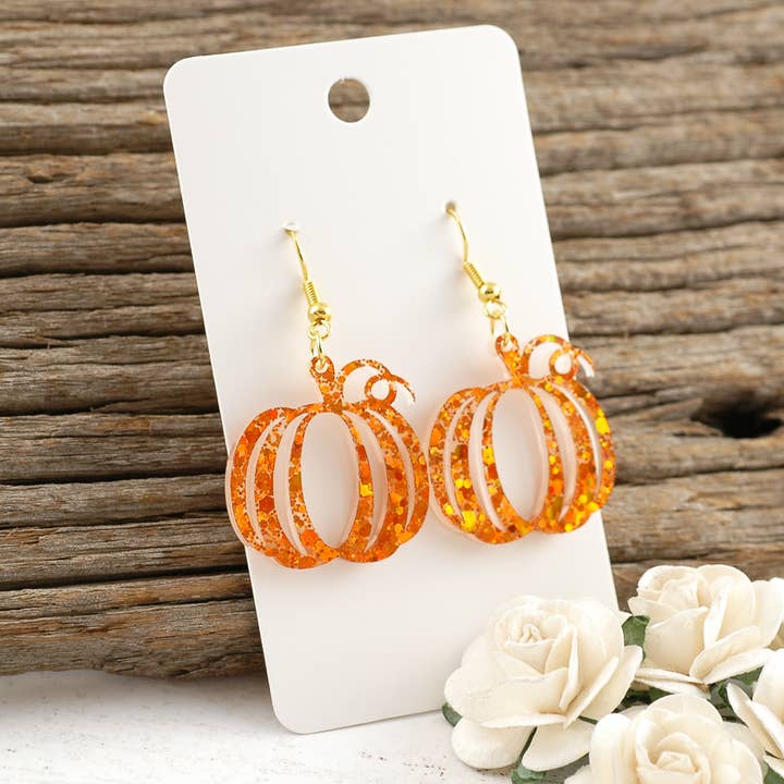 Orange Glitter Pumpkin Dangle Halloween Earrings - Acrylic for wholesale by Rocky Mountain Shops