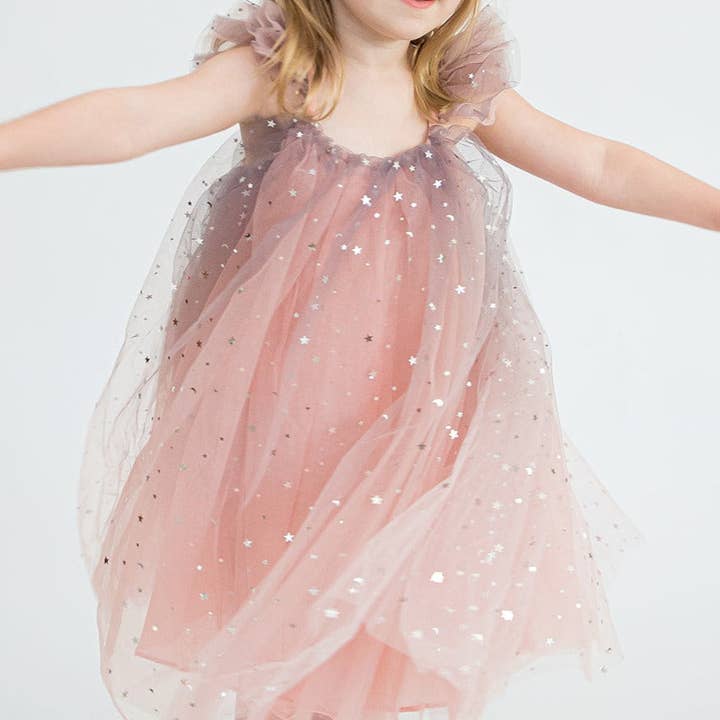 Girl's Pink and Navy Ombre Sparkly Star Tulle Flutter Sleeve Dress for wholesale by cuteheads