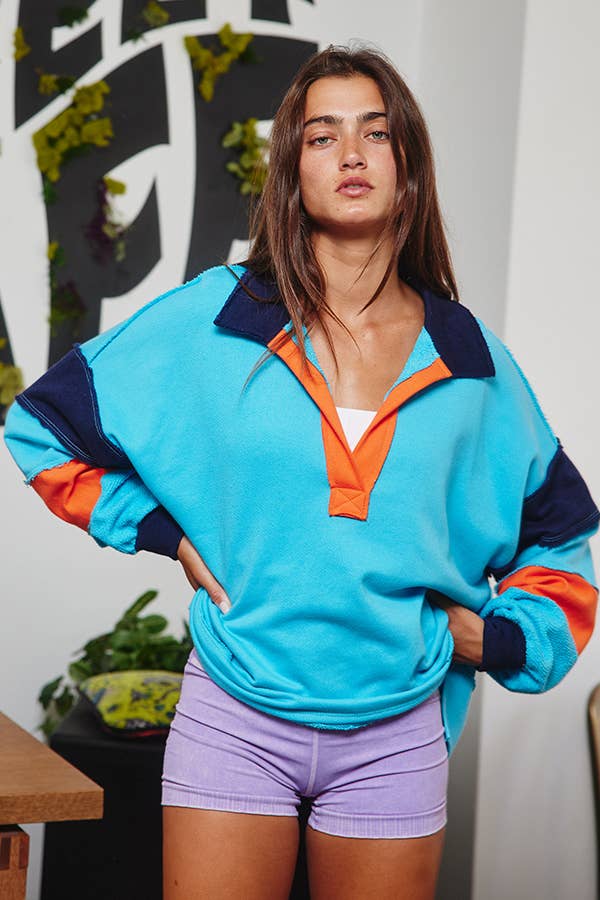 BUCKETLIST INC - Wholesale Tunic - Women's - T2004E French Terry Color-block Collared Loose Fit Top0