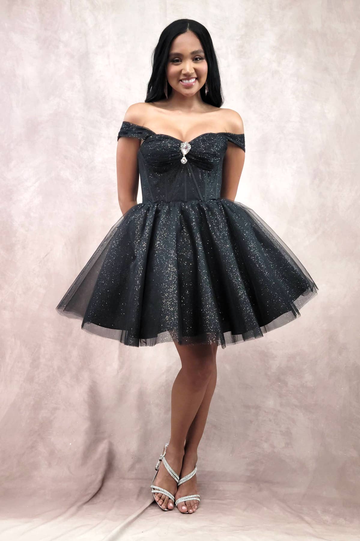 Chicas - Wholesale Dress - Women's - Short Off The Shoulder Tulle Dress With Brooch6