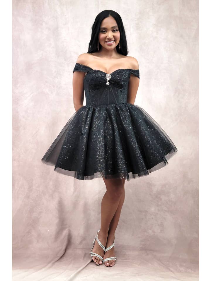 Chicas - Wholesale Dress - Women's - Short Off The Shoulder Tulle Dress With Brooch6