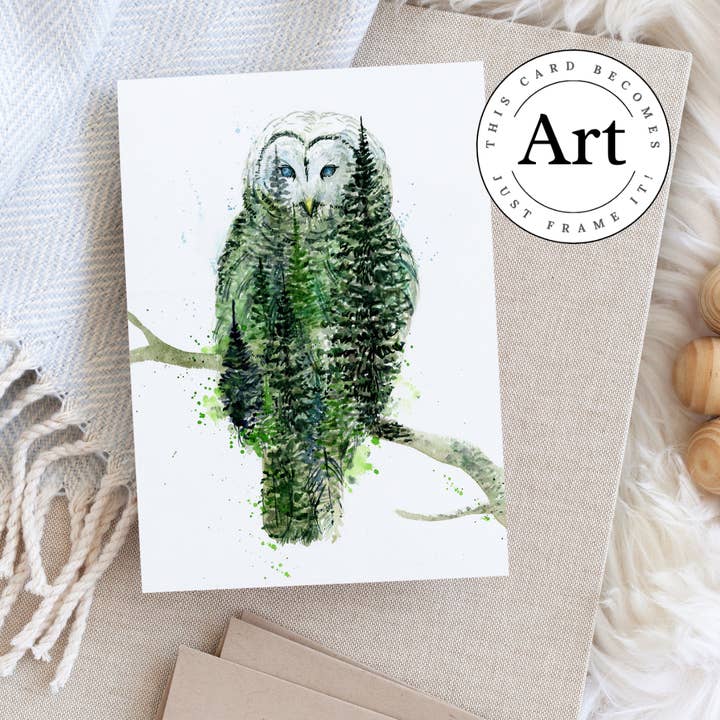 Athena Spærret Ugle Forest Akvarel Kunstkort for engroshandel hos Elena Markelova Arts