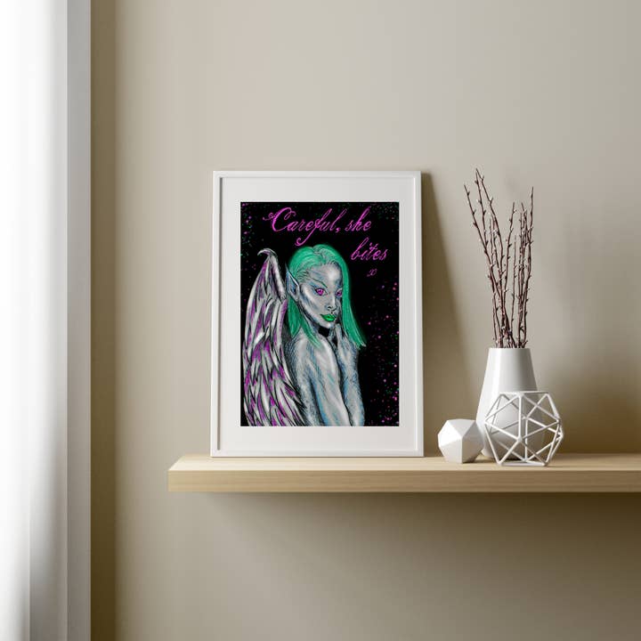 Hannah Kate Makes - Wholesale Art Print - Dark Angel Art Print - Careful She Bites - A5/A4 Pink/Green6