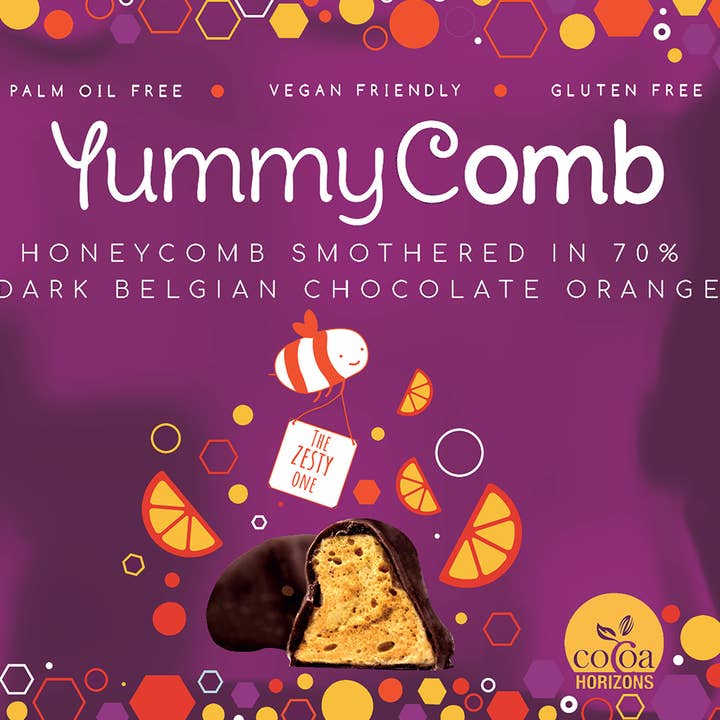 Yummycomb – wholesale Chokladtäckta godisar – 12 x 70% Mörkorange belgisk choklad Honeycomb Pack (40g)5