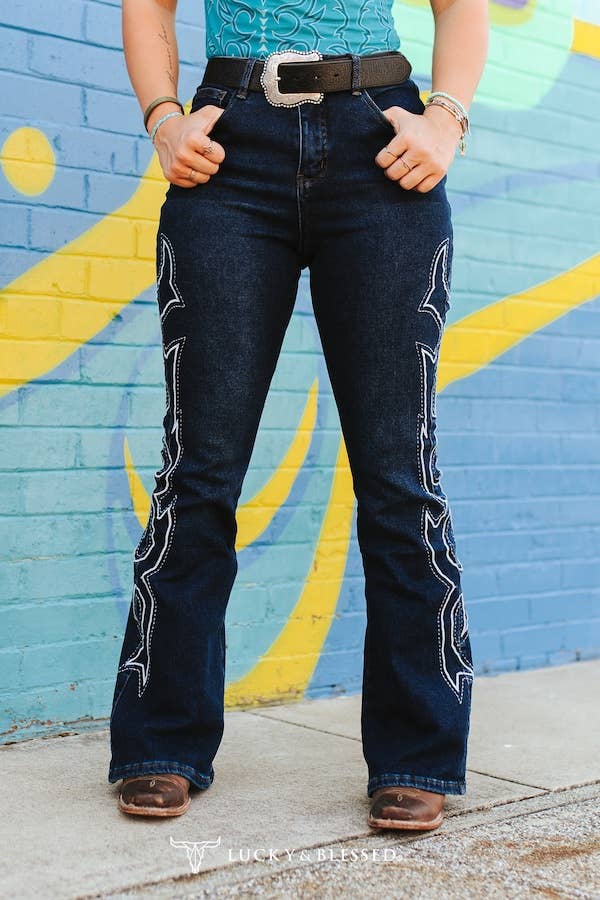 LUCKY & BLESSED - Wholesale Jeans - Women's - Plus Dark Wash Tummy Control Boot Stitch Embroidery Jeans2
