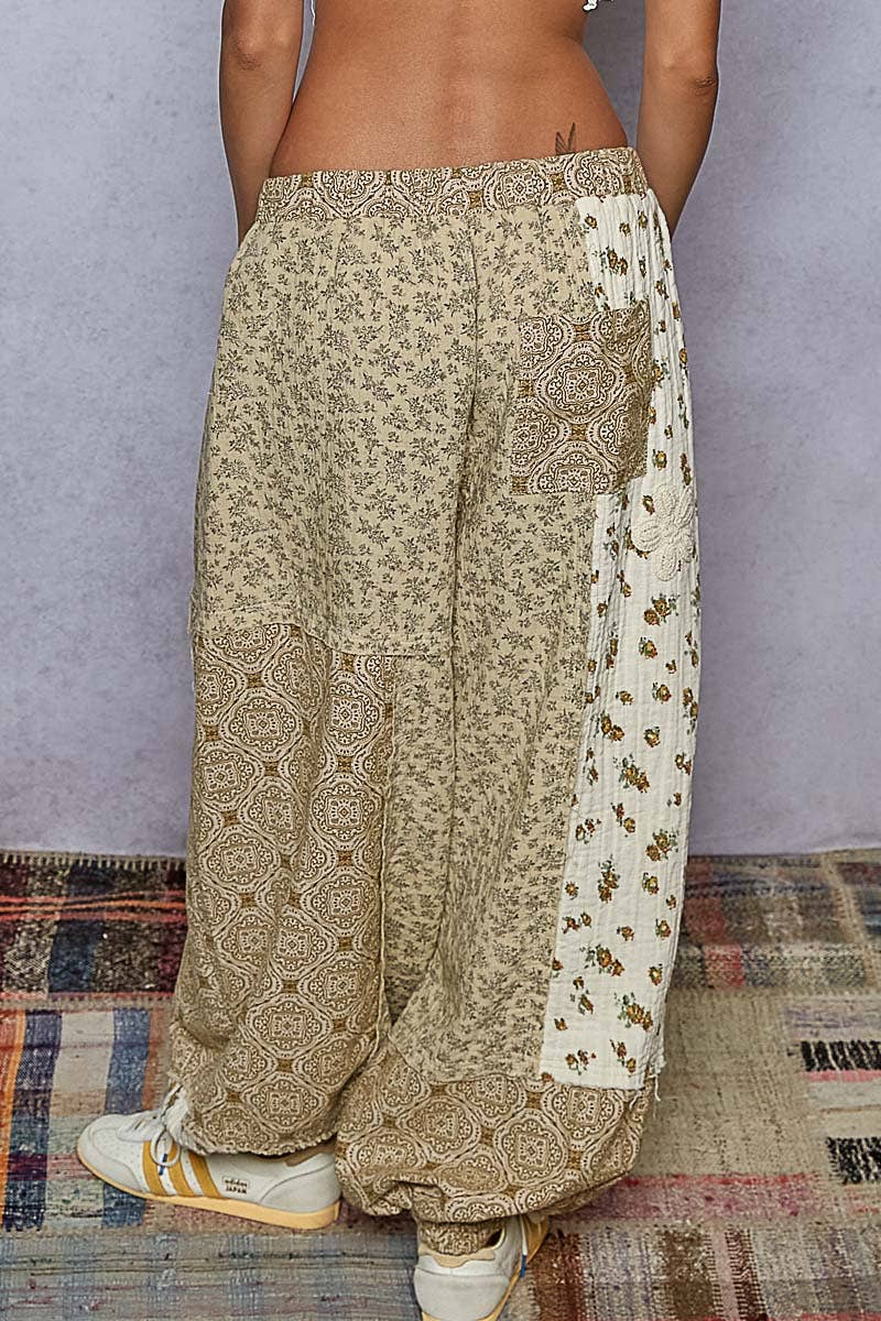 Pol Clothing - Wholesale Pants - Women's - Crochet patch detail contrast patchwork printed woven pants30