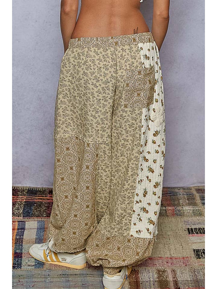 Pol Clothing - Wholesale Pants - Women's - Crochet patch detail contrast patchwork printed woven pants30