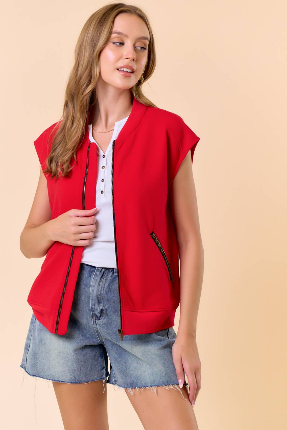 Red Round Neck Front Zip Closure Fleeced Vest - 10608J-1 for wholesale on Faire